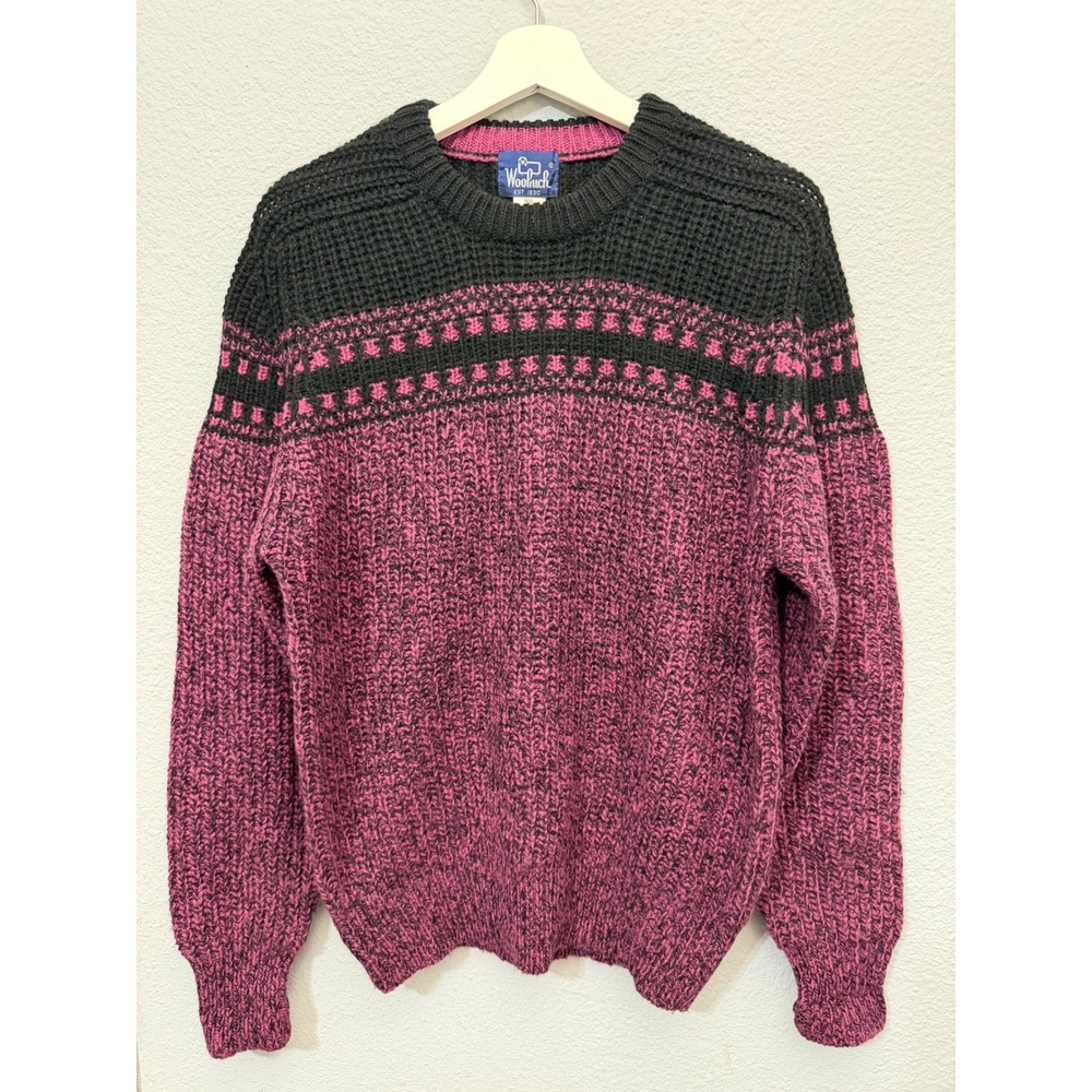 Vintage 90s Woolrich Sweater Mens Medium Wool Blend Chunky Fair Isle Magenta